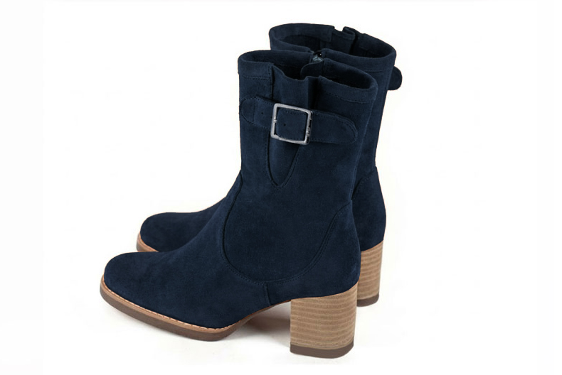 Women's navy blue side-buckle ankle boots with round toe and mid block heel - Rear view